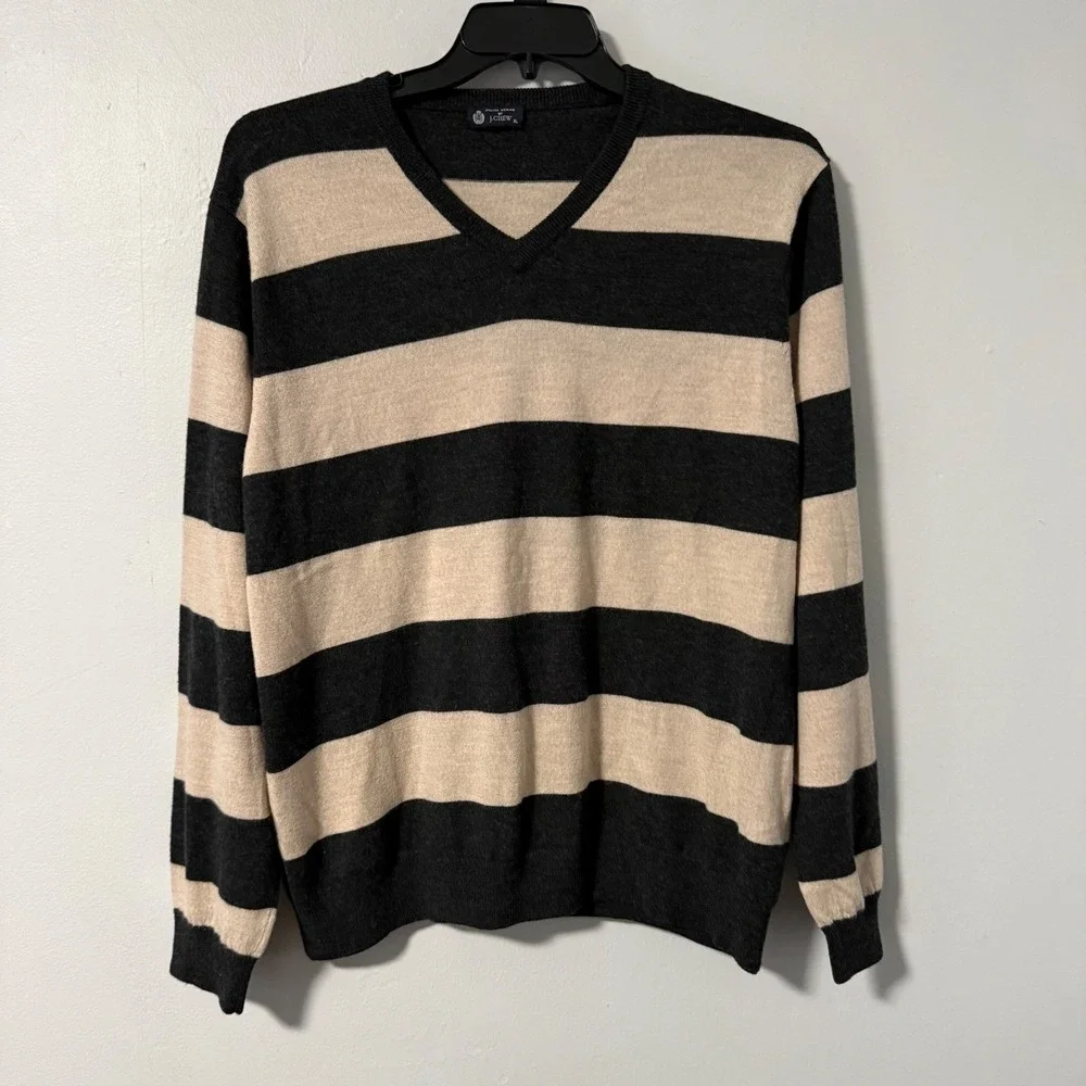 J.Crew Mens XL Italian 100% Merino Wool V-Neck Striped Sweater Charcoal Grey Tan